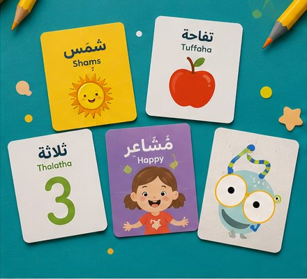 Flat lay of colourful Moutqan flashcards