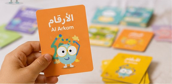 Close up of a Moutqan numbers flashcard in Arabic and English